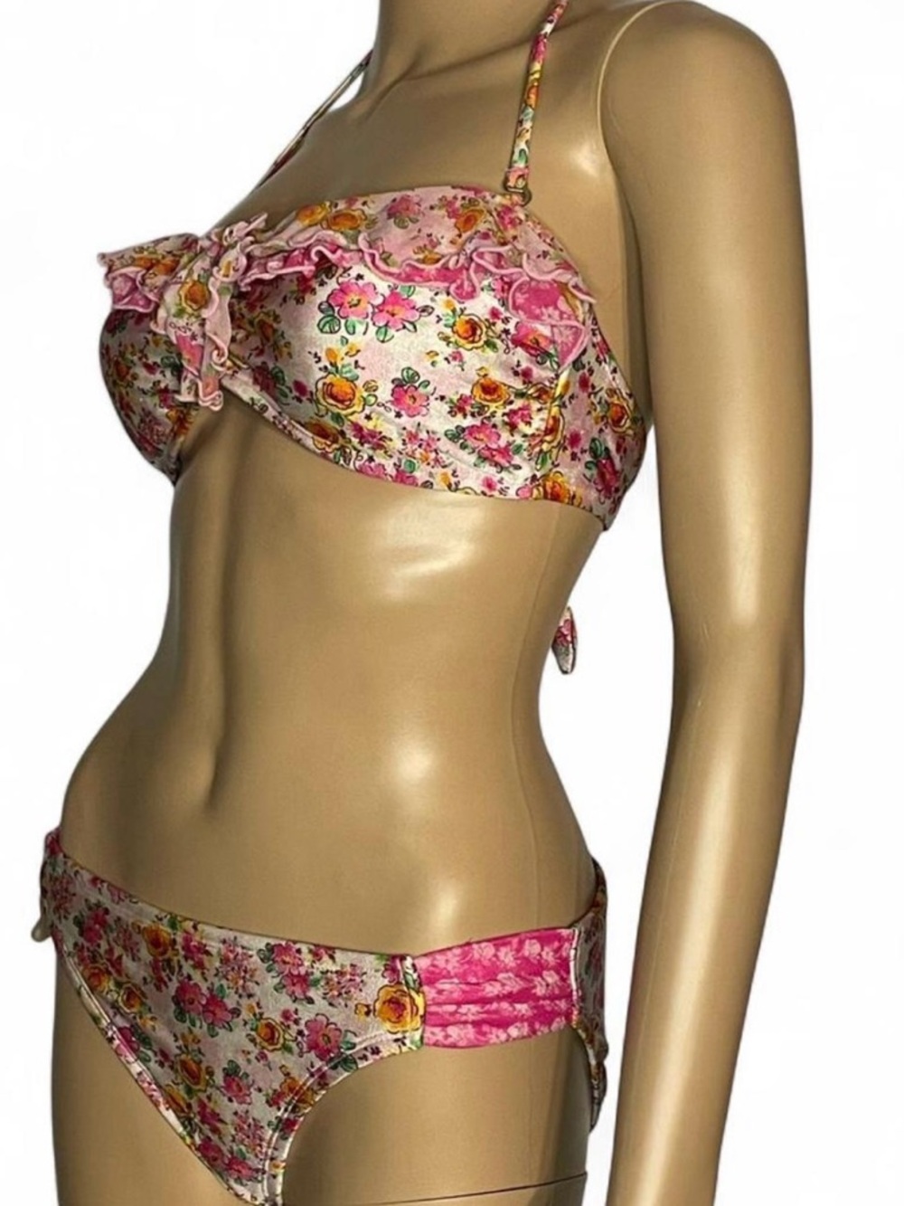 Xhilaration Pink Floral Ruffle Bandeau Bikini
